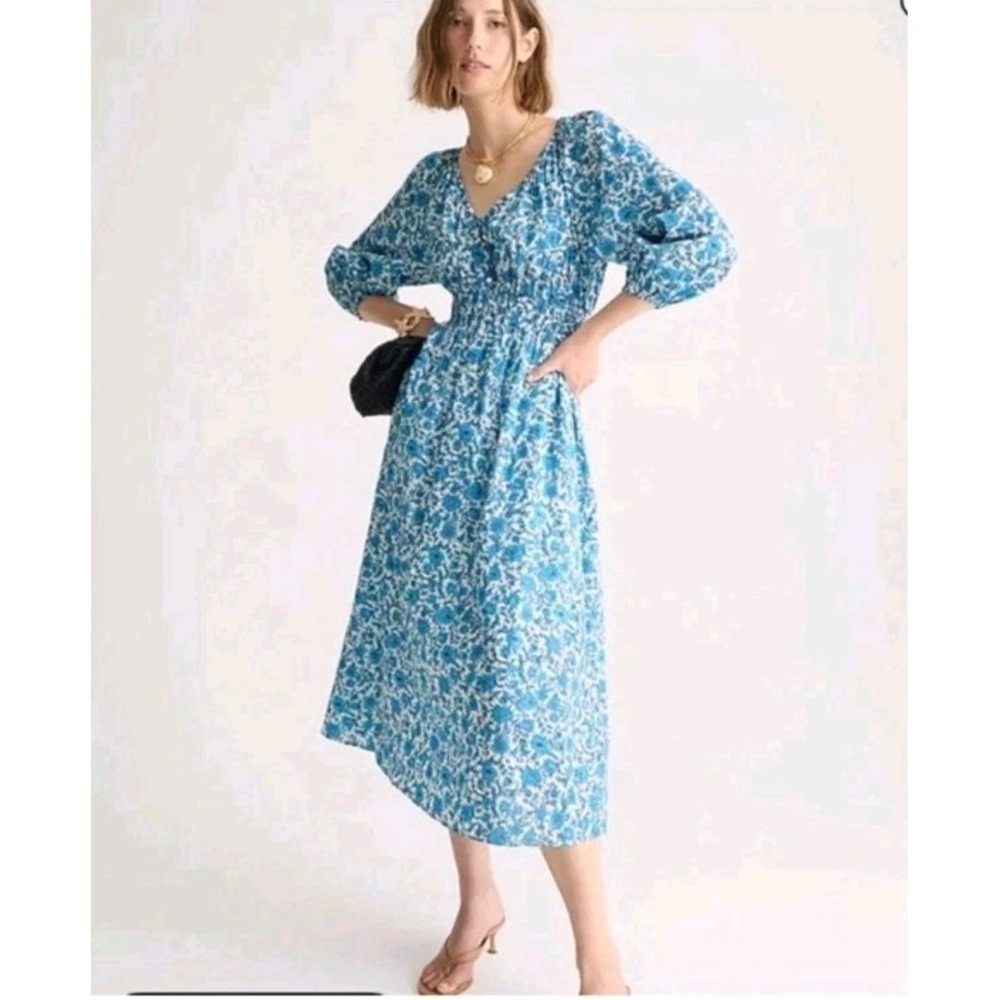 J.Crew Floral Print Midi Dress Womens XL Blue White Cotton 1/2 Button Smocked
